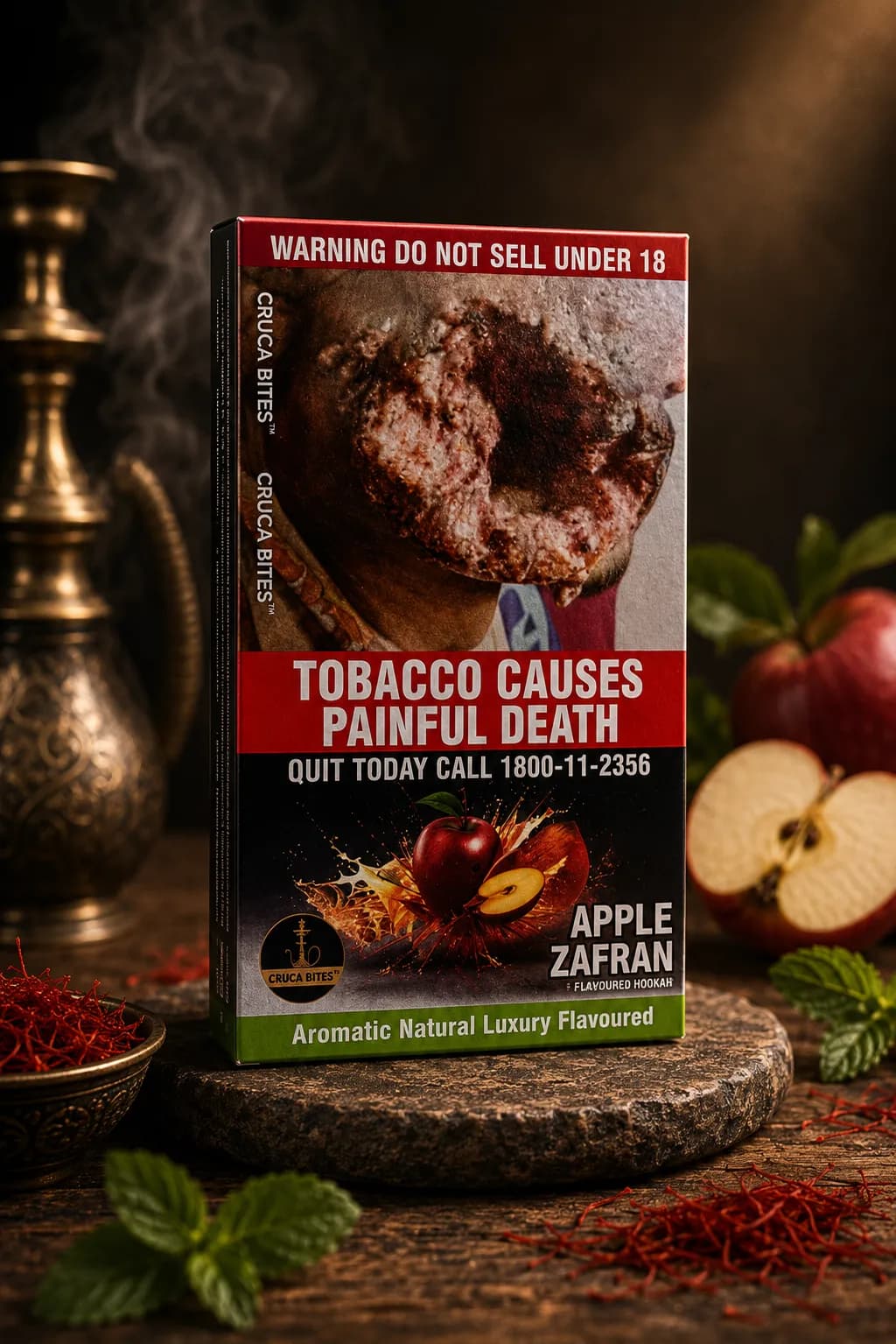 Apple Zafran flavour packet on dark background