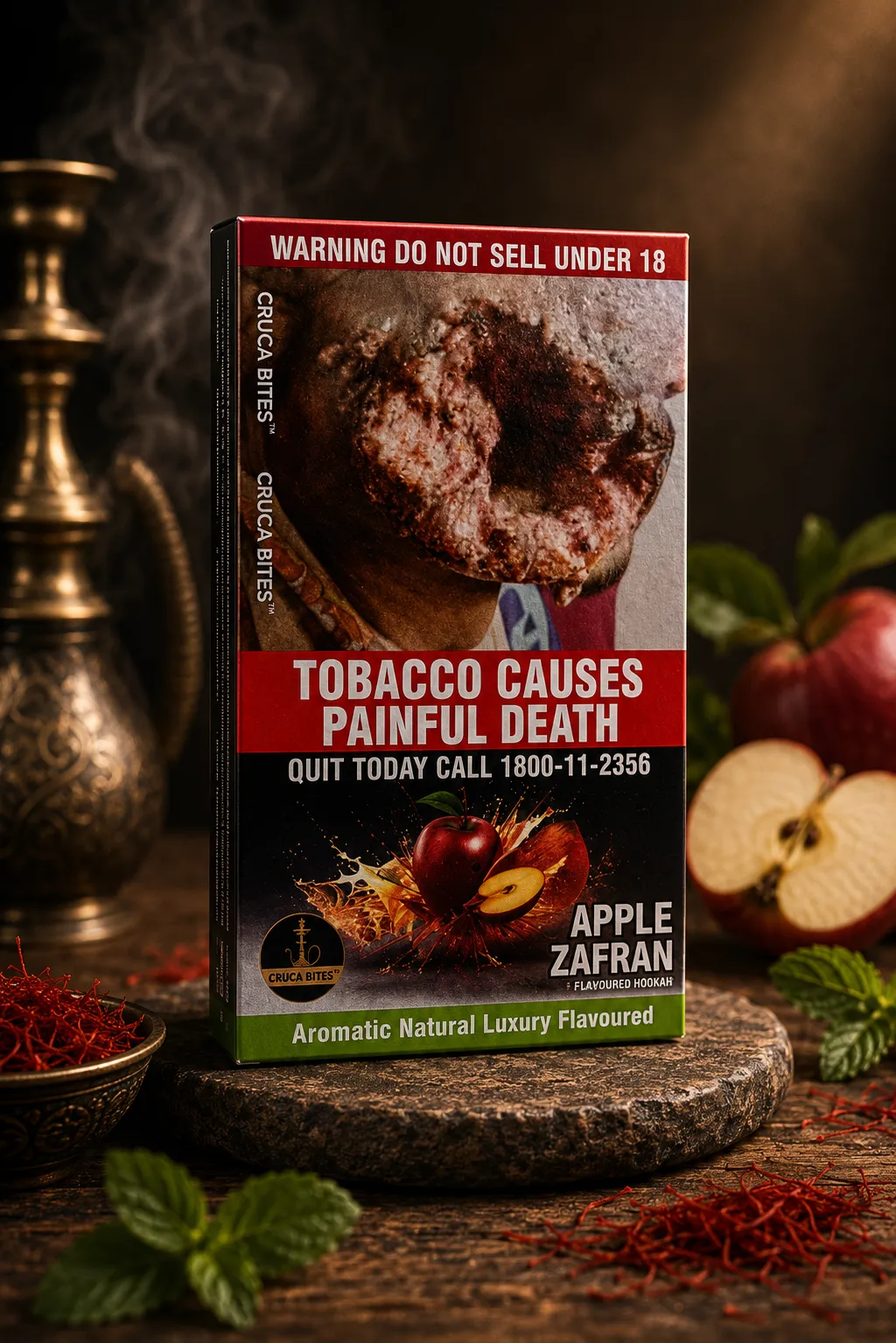 Apple Zafran flavour packet on dark background