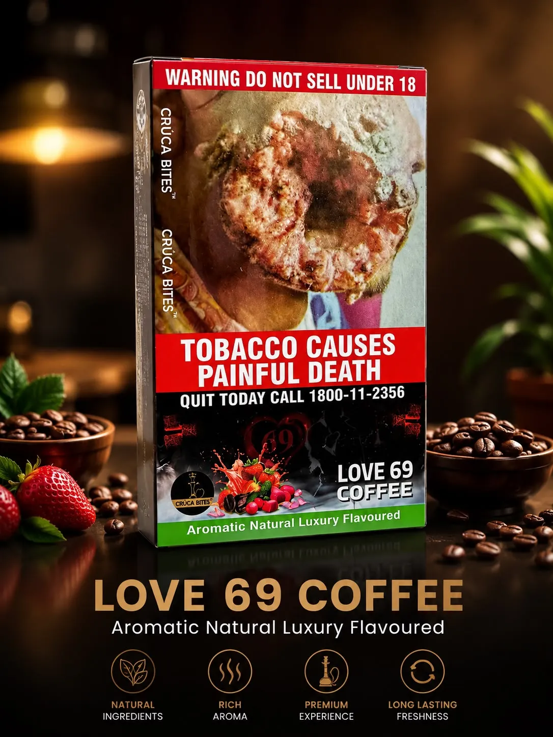 Love69 Coffee flavour packet on white background